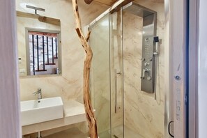 Chuveiro, secador de cabelo, toalhas de banho 