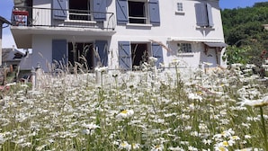 Un bâtiment à deux étages doté d’un balcon, entouré d’un champ de fleurs blanches.