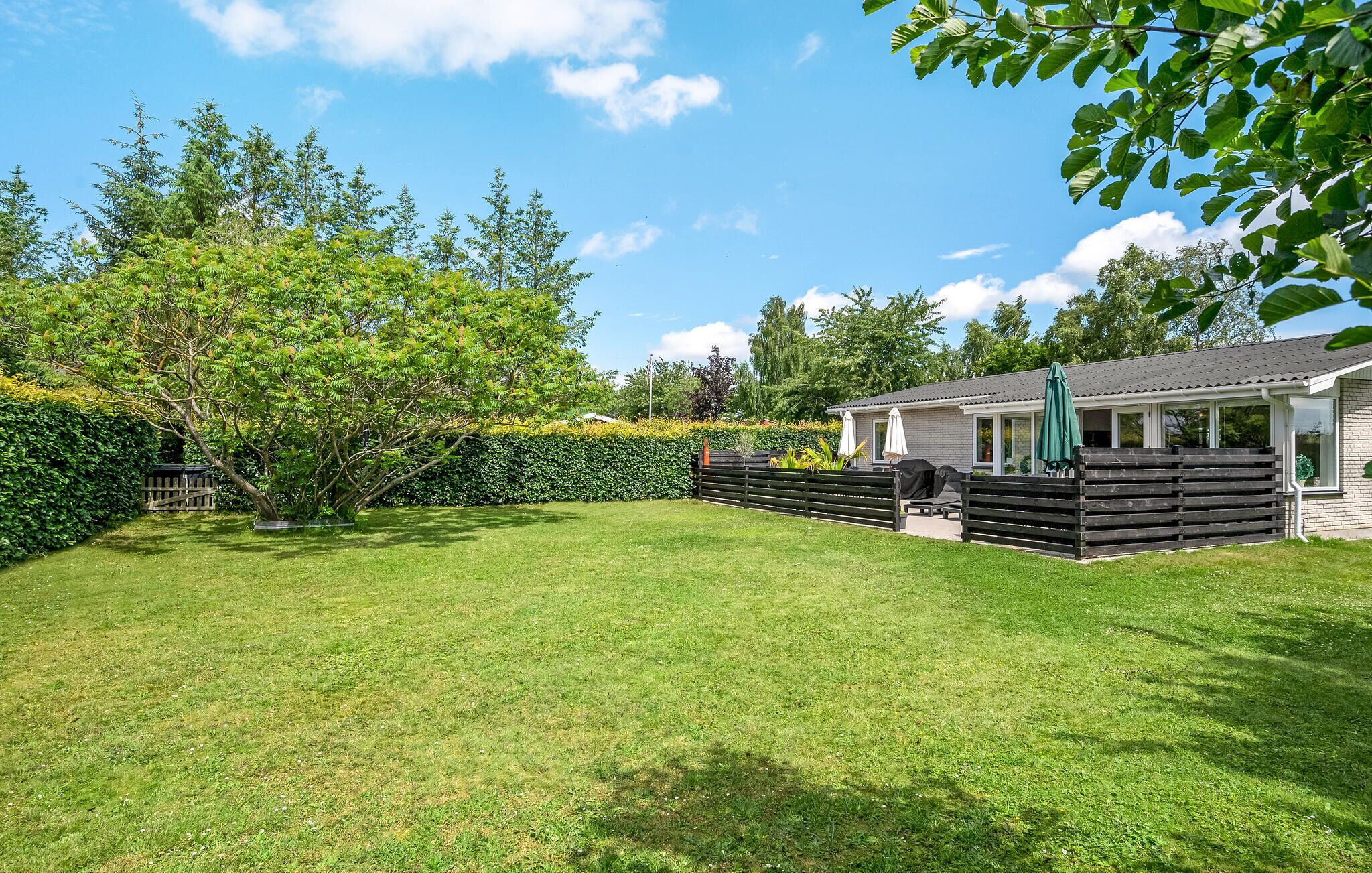A well-maintained backyard with a grassy lawn, a wooden fence, and a small house with a patio area.