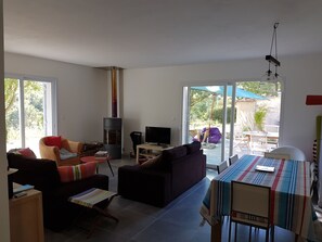 Televisio, takka, DVD-soitin, kirjoja