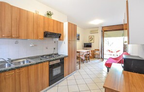 Fridge, microwave, stovetop, cookware/dishes/utensils
