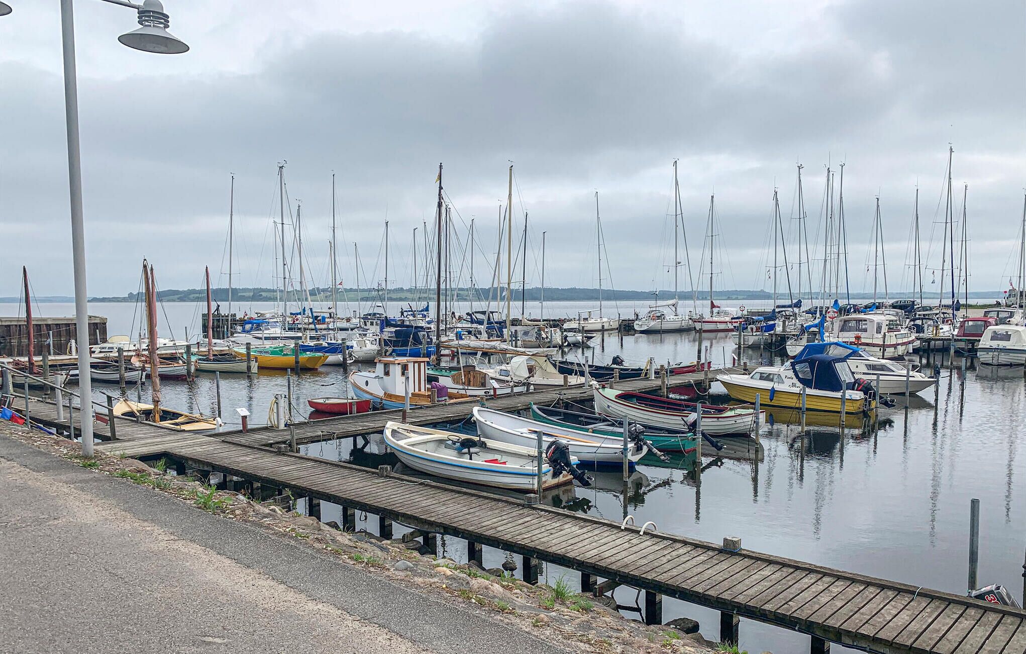 Un port de plaisance où de nombreux bateaux sont amarrés à des quais en bois.