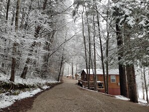 Un sentier forestier enneigé menant à un chalet doté d’une terrasse en bois et d’un toit rouge.