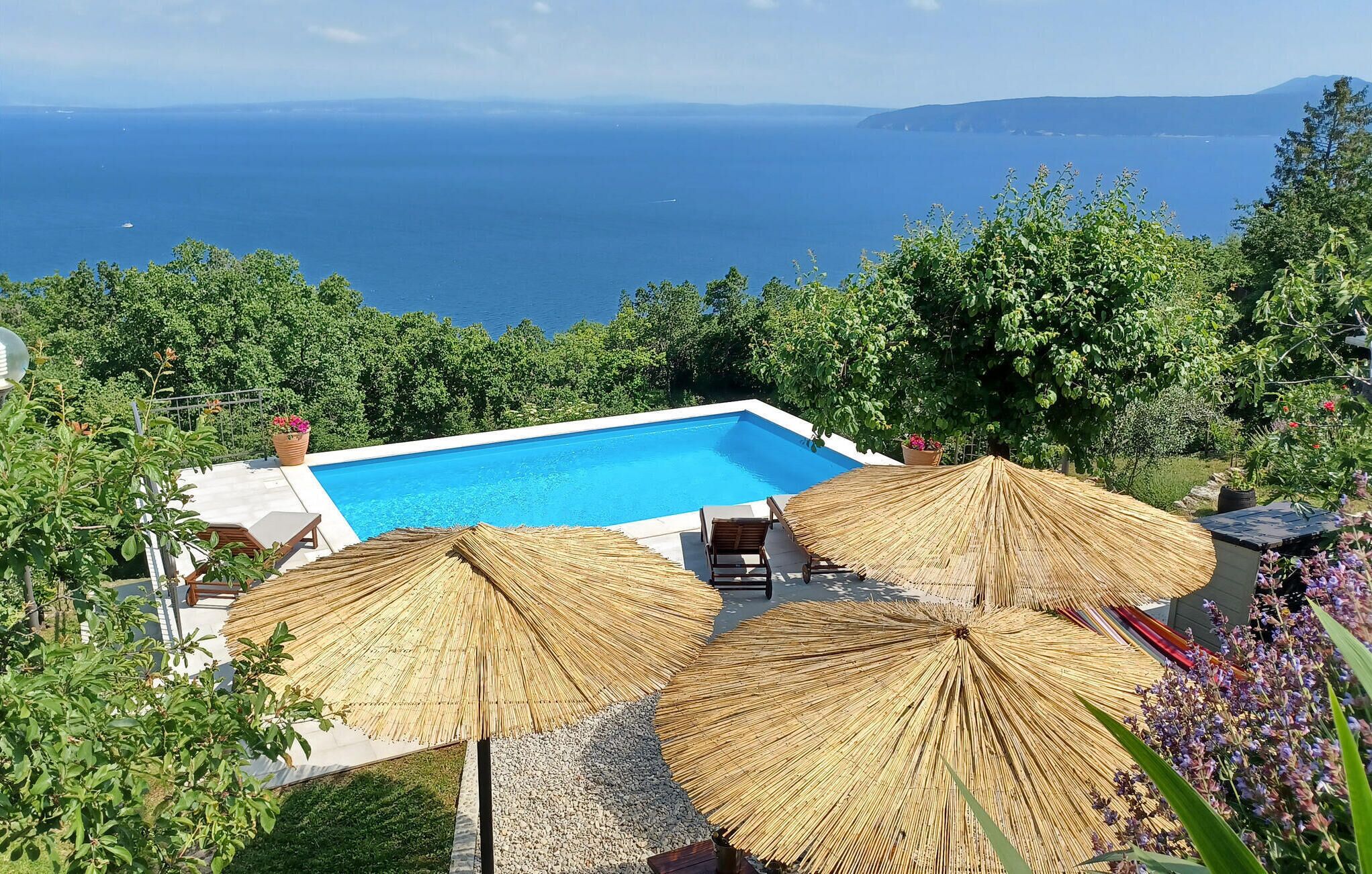 Une piscine avec vue sur la mer, entourée de verdure et agrémentée de quelques parasols.
