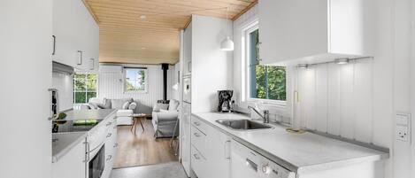 Fridge, stovetop, dishwasher, coffee/tea maker