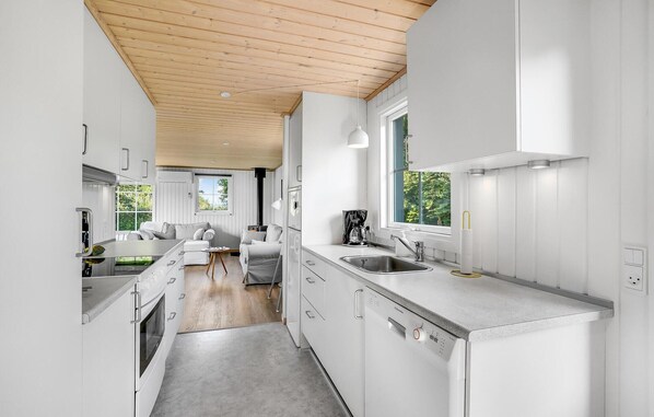 Fridge, stovetop, dishwasher, coffee/tea maker
