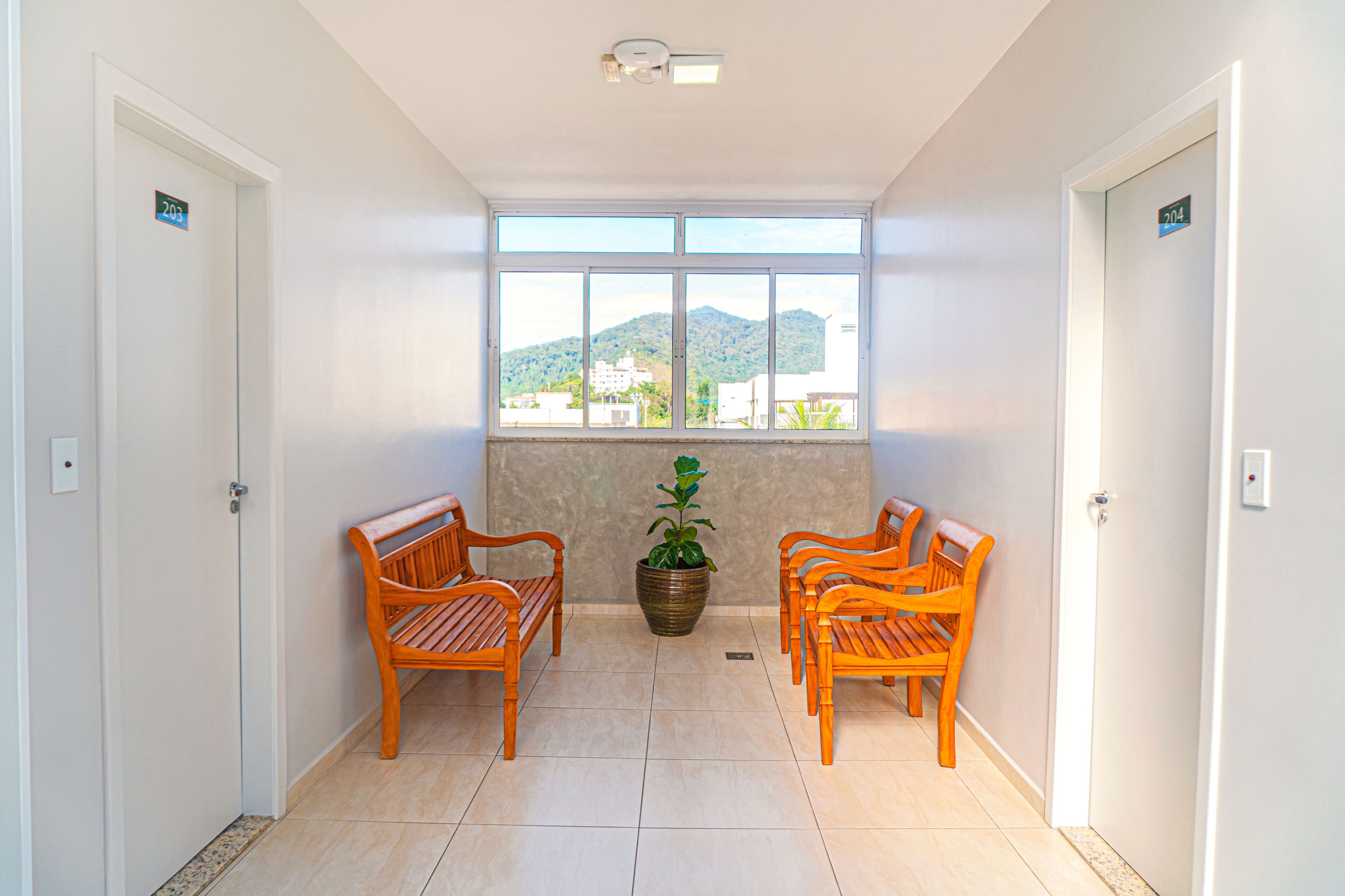 Um corredor com duas bancos de madeira, uma planta em vaso e uma grande janela com vista para edifícios e colinas.