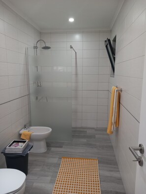 Shower, hair dryer, towels