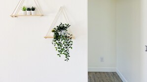 Una habitación minimalista con dos estantes montados en la pared, uno con pequeñas macetas y el otro con una planta colgante.