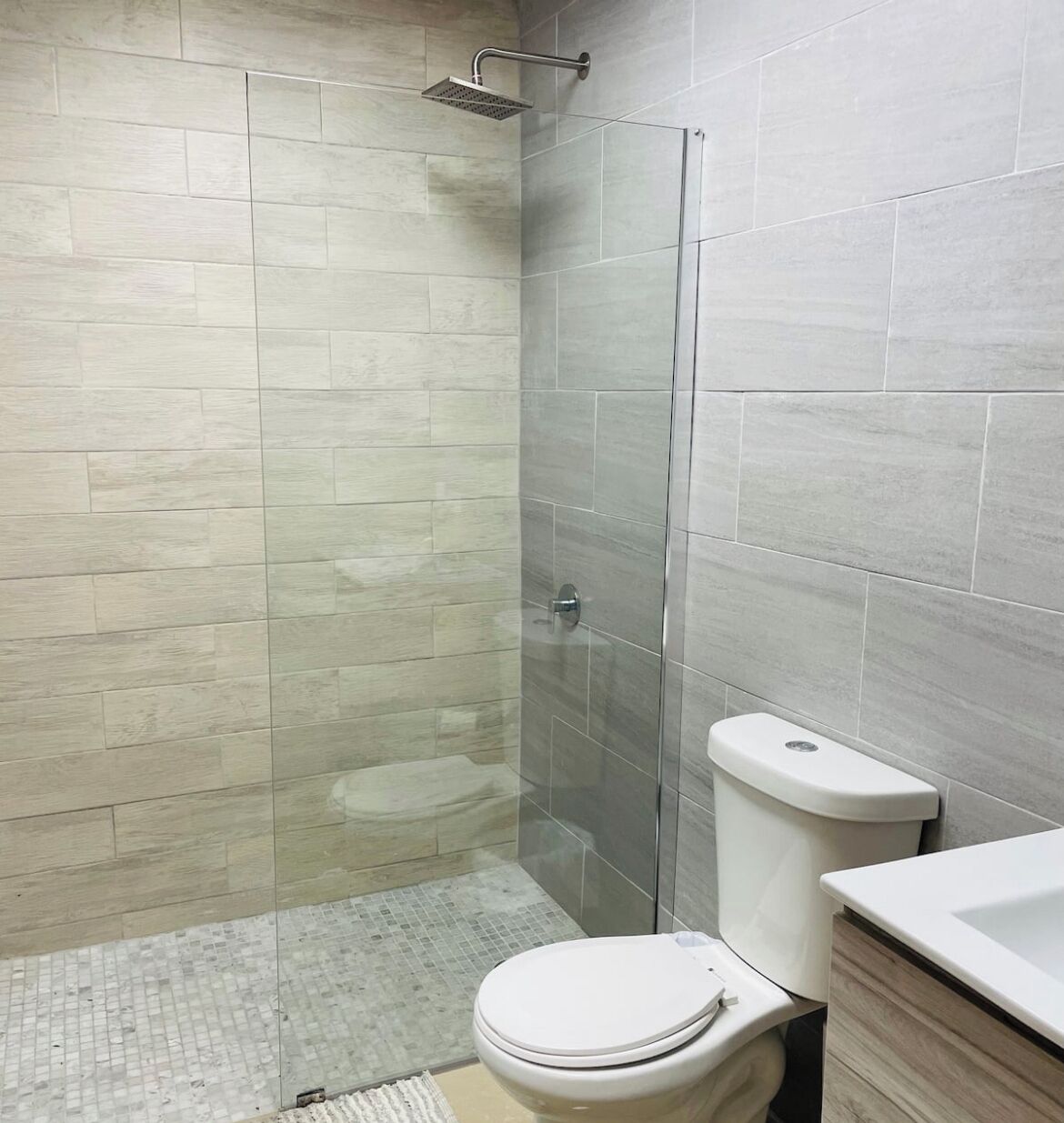 Shower, towels, soap, toilet paper