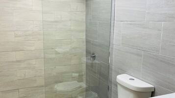 Shower, towels, soap, toilet paper