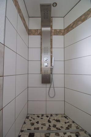 Ducha, secador de pelo, toallas y papel higiénico