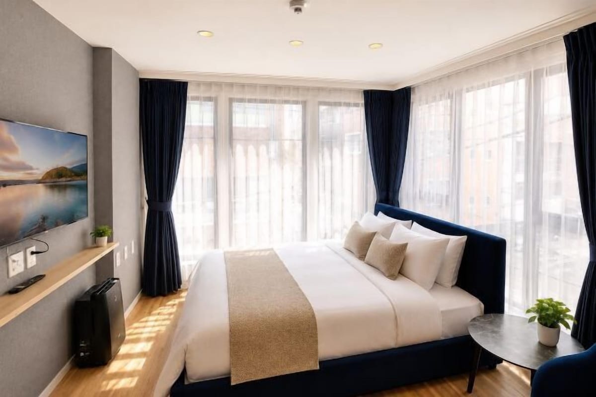 A modern hotel room with a large bed, a TV, a small table with a plant, and large windows with curtains.