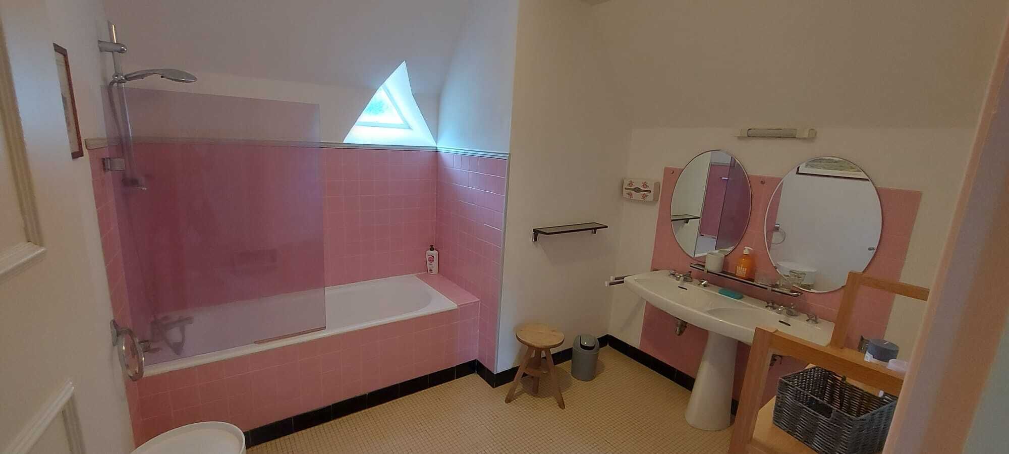 Combined shower/tub, hair dryer, towels, soap