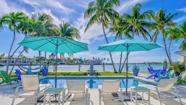 A poolside area with lounge chairs, umbrellas, and palm trees.