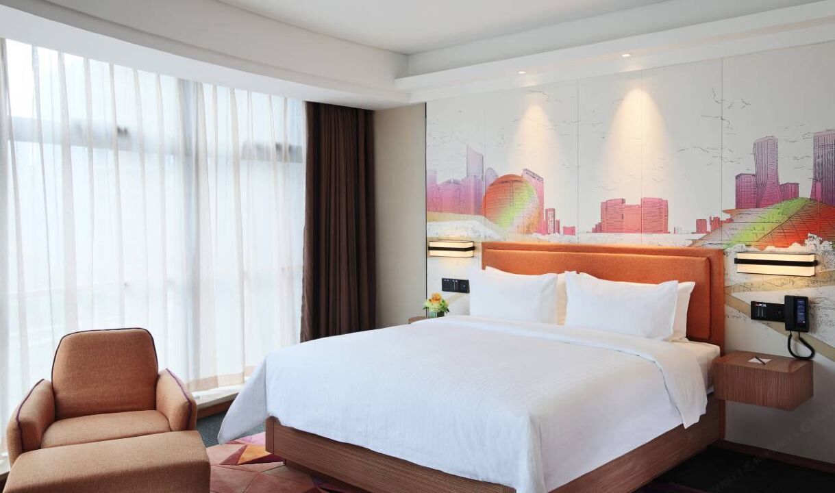 Desk, laptop workspace, blackout drapes, iron/ironing board