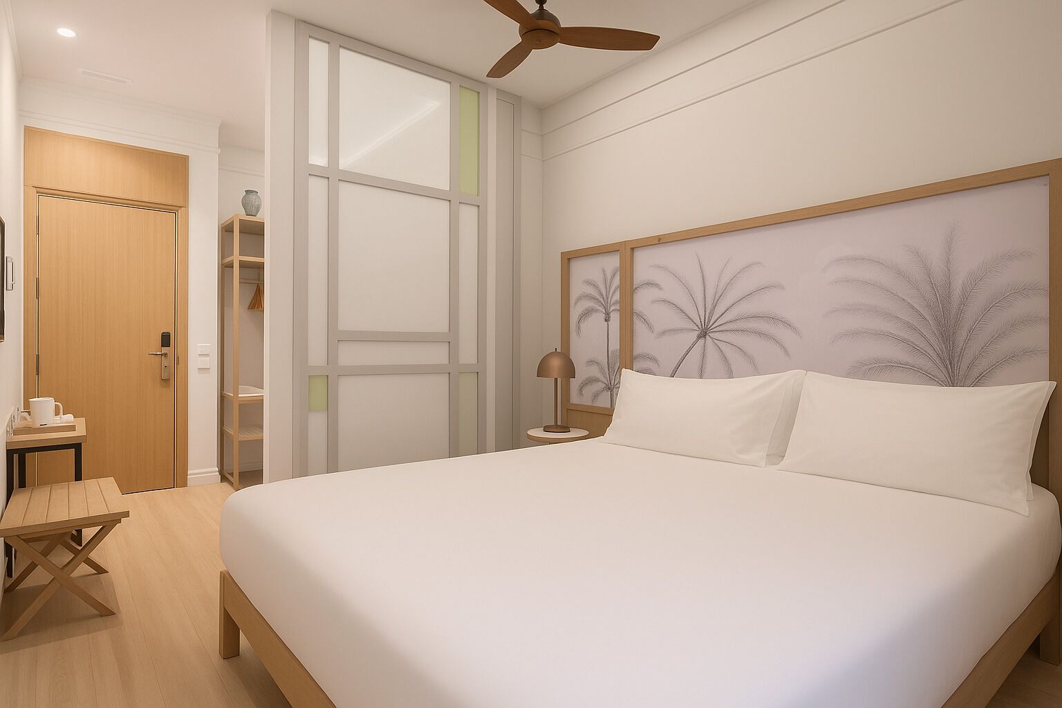 Un dormitorio con una cama grande, un ventilador de techo, una mesita de noche con lámpara, un escritorio de madera con silla y un armario.