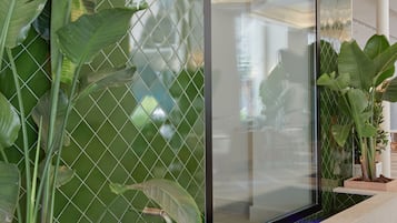 Un interior moderno con un amplio panel de vidrio, plantas en macetas y piso de baldosas.