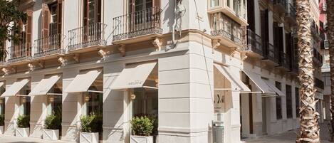 Un hotel de varios pisos con balcones, toldos y una palmera.