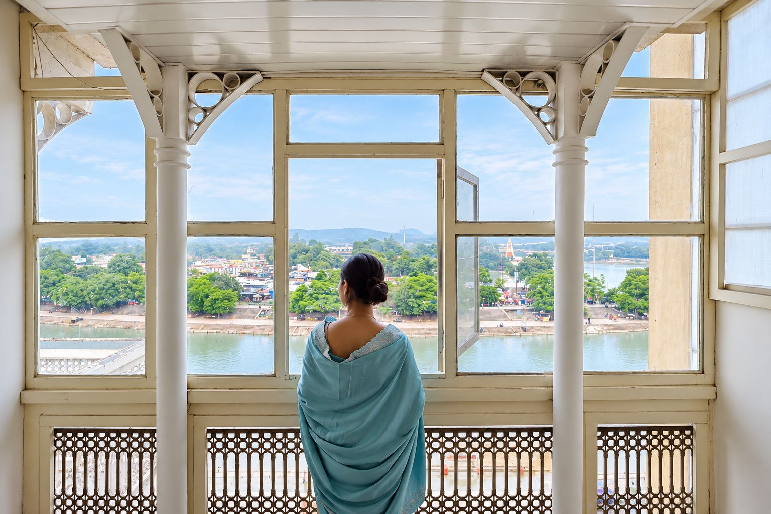 Una habitación con ventanas amplias, vista al río y una persona de pie junto a la ventana.
