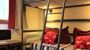 Un lit superposé avec une échelle, un bureau avec un ordinateur et une bibliothèque.