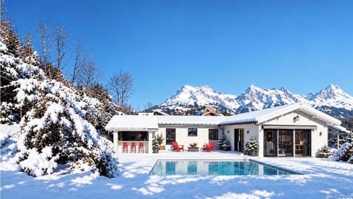 A snow-covered landscape with a pool, a house with a patio, and mountains in the background.