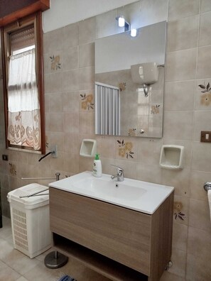 Shower, hair dryer, bidet, towels