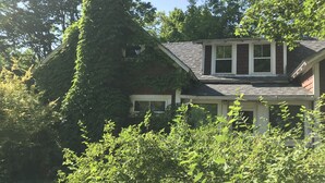 Ein Haus mit geneigtem Dach, umgeben von dichtem Grün und Bäumen.