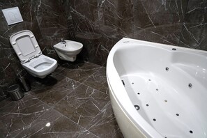 Shower, jetted tub, hair dryer, bidet