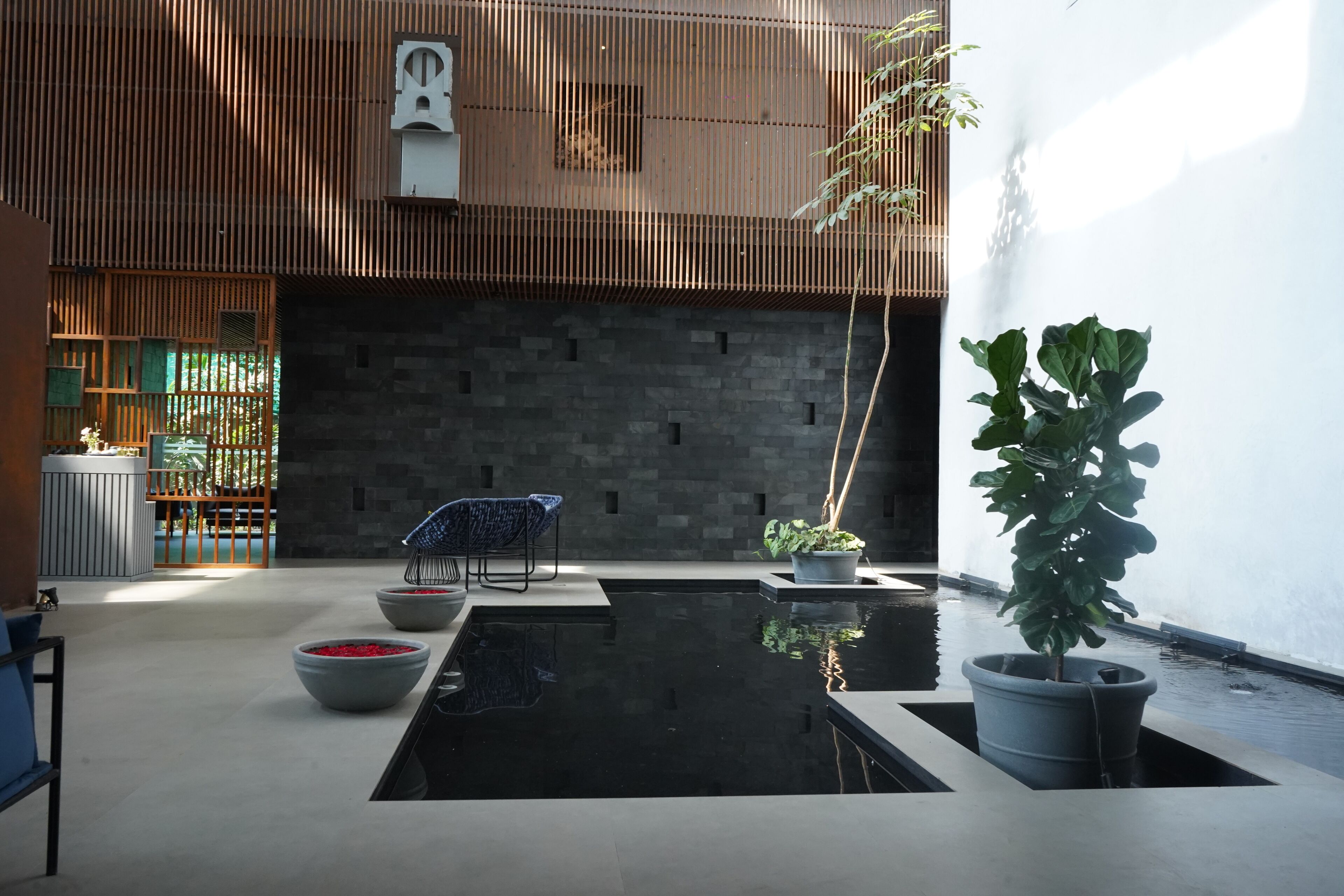 A modern indoor pool area with a stone wall, seating, and potted plants.