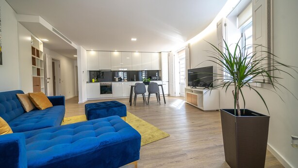 Una sala de estar moderna con un sofá azul, un tapete amarillo y una planta grande en maceta.