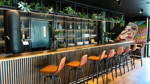 A modern bar area with a wooden counter, bar stools, and shelves with plants and bottles. - Rioca Munich Posto 3 (Munich)