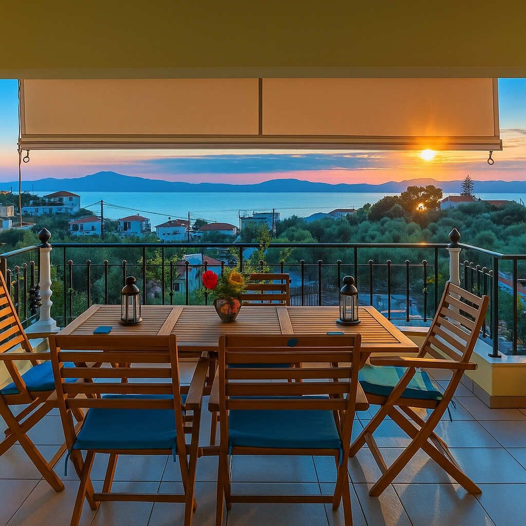A balcony with a wooden table and chairs, a vase with flowers, and a view of the sea and mountains.