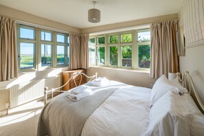 A bedroom with a large bed, a bedside table, a radiator, and multiple windows.