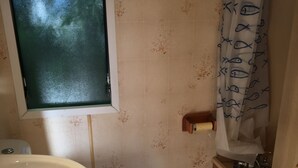 Ett litet badrum med toalett, handfat och dusch.