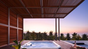 A hot tub on a wooden deck with a view of the sunset. - Perfect Hideaway for Families & Unmatched Sunsets (Rethymno)