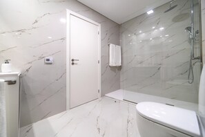 Regadera, secadora de cabello, bidet, toallas 