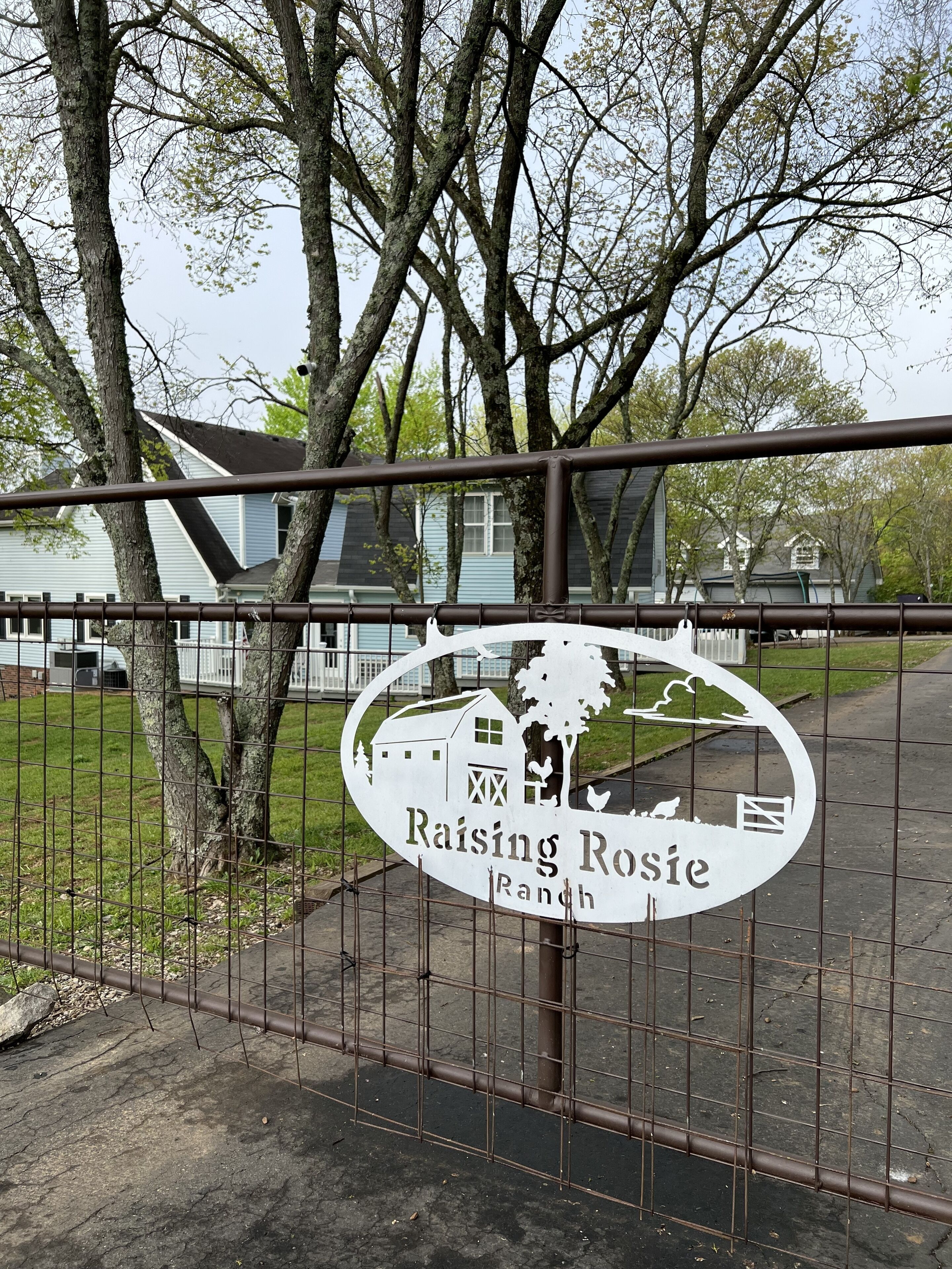 A metal gate with a sign that reads "Raising Rosie Ranch."