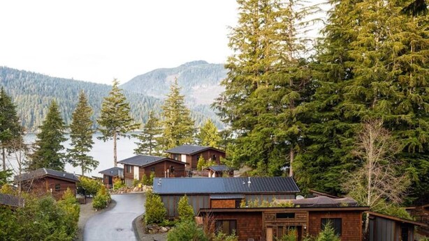 A row of cabins with a curved driveway, surrounded by dense forest and mountains in the background.