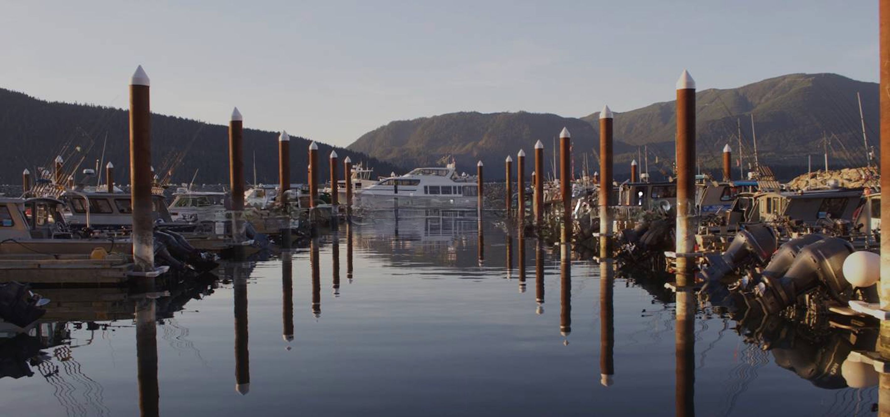 A marina with boats docked, calm water, and mountains in the background.