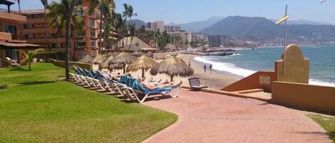 A beachside hotel with sun loungers, palm trees, and a view of the ocean.