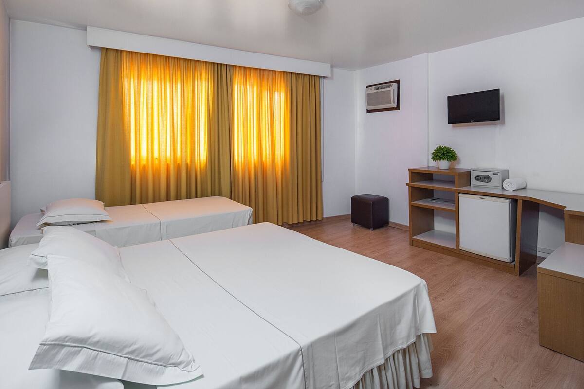 A hotel room with two beds, a desk, a chair, a television, and a small plant.
