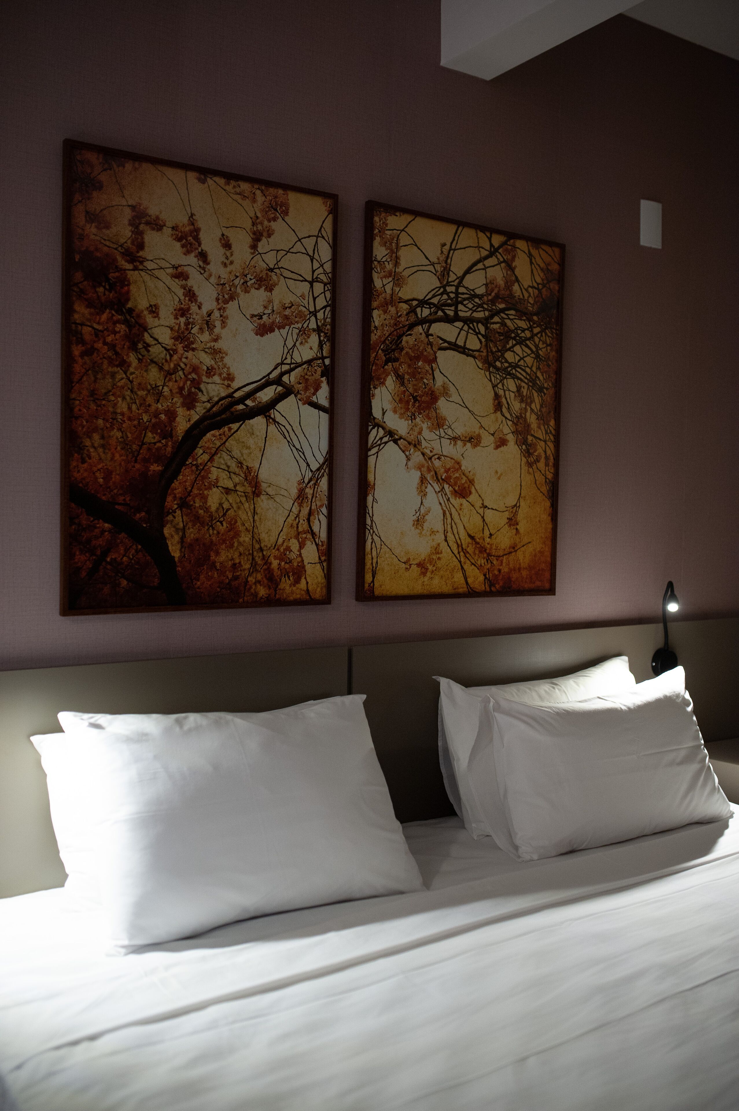 Una habitación de hotel con una cama, dos cuadros de árboles colgados en la pared y una lámpara de noche.