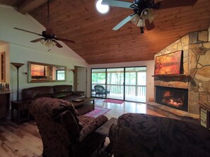 Smart TV, fireplace, books