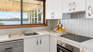 Microwave, oven, dining tables