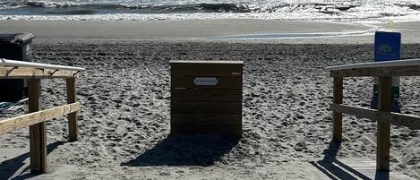 A wooden beach boardwalk leading to a beach with a sign reading "MY HAPPY PLACE".