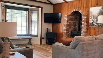 TV connectée, cheminée, livres