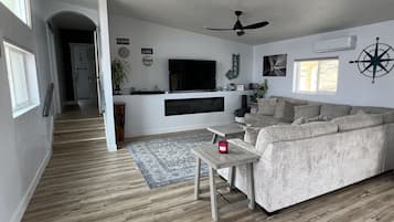 Smart TV, fireplace, books
