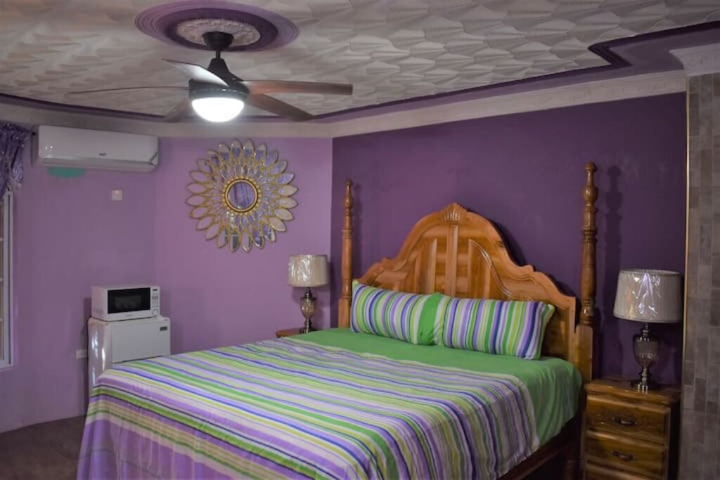 A bedroom with a bed, a ceiling fan, a decorative wall piece, a microwave, and a nightstand with a lamp.