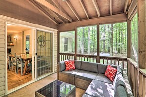 TV, fireplace, books - Sunroom, Fire Pit + Sauna: Lake Locust Village Gem (Pocono Lake)